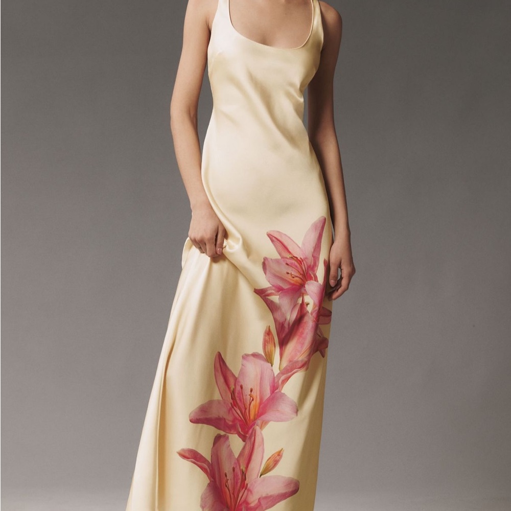 Anthropologie Butter Yellow Maxi Dress with Pink Floral Design
